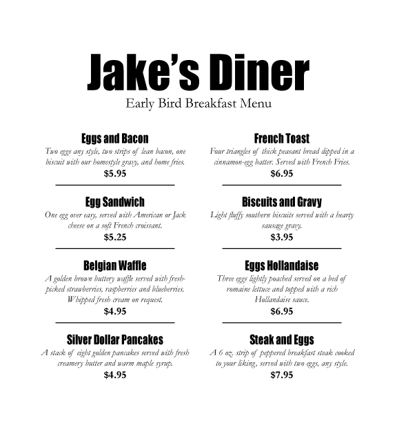 Jake's Diner Menu